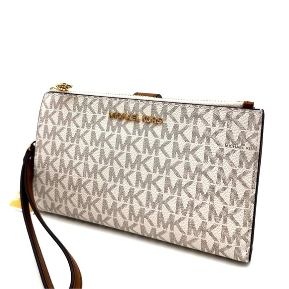Michael Kors Large Double Zip Wallet Wristlet Vanilla/Brown - Picture 1 of 8